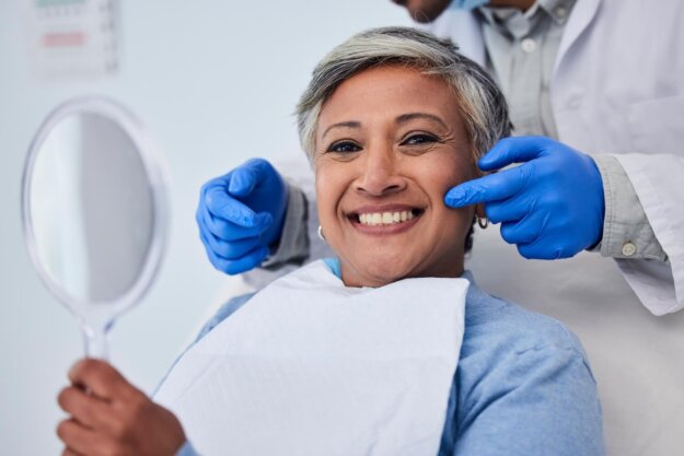 Smiling woman holding a hand mirror while a dentist in blue gloves gently examines her cheeks during a dental appointment.